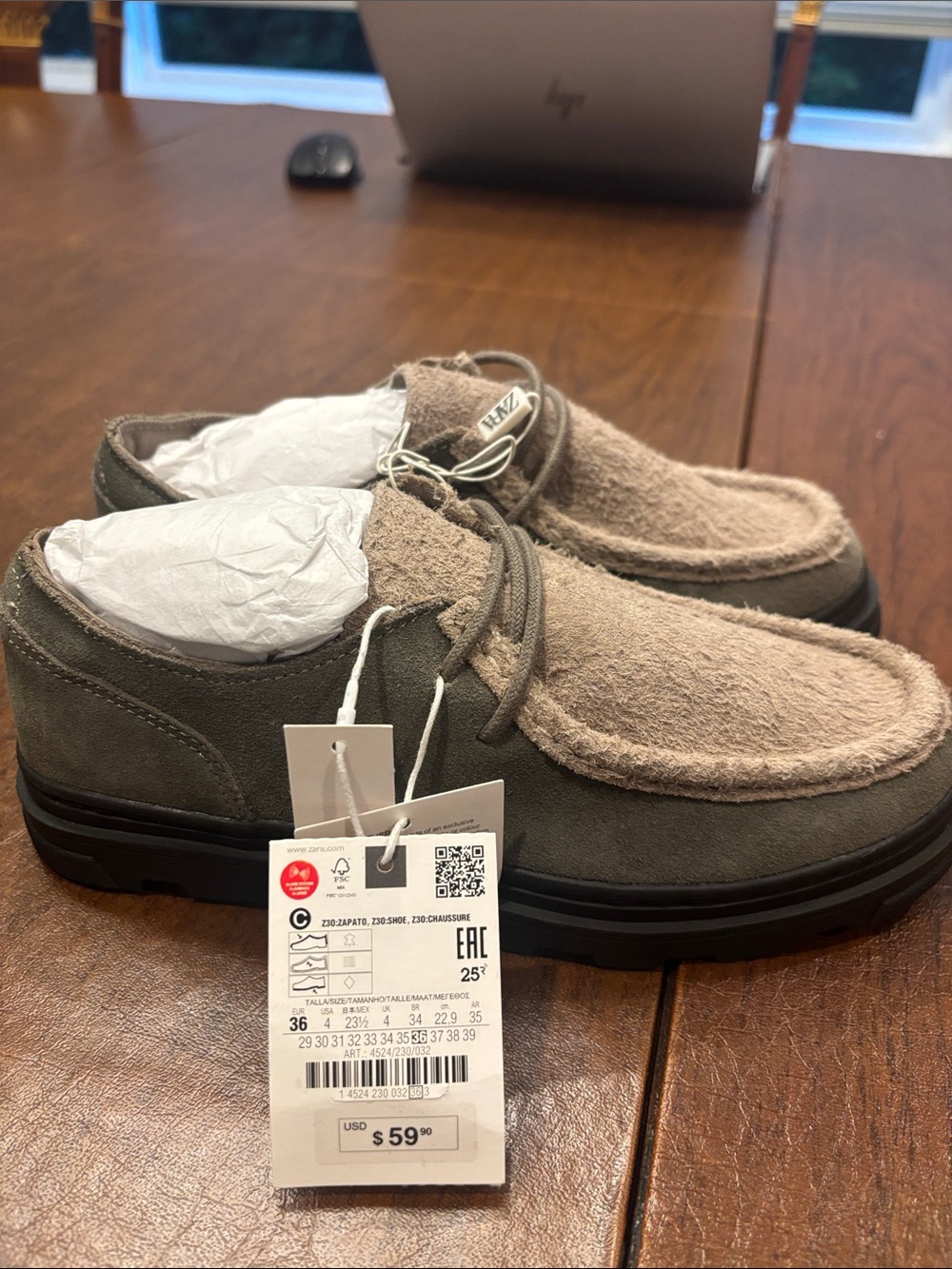 Zara boys  Casual Suede Camp Moc Shoes - Olive/Taupe size USA 4 boys
